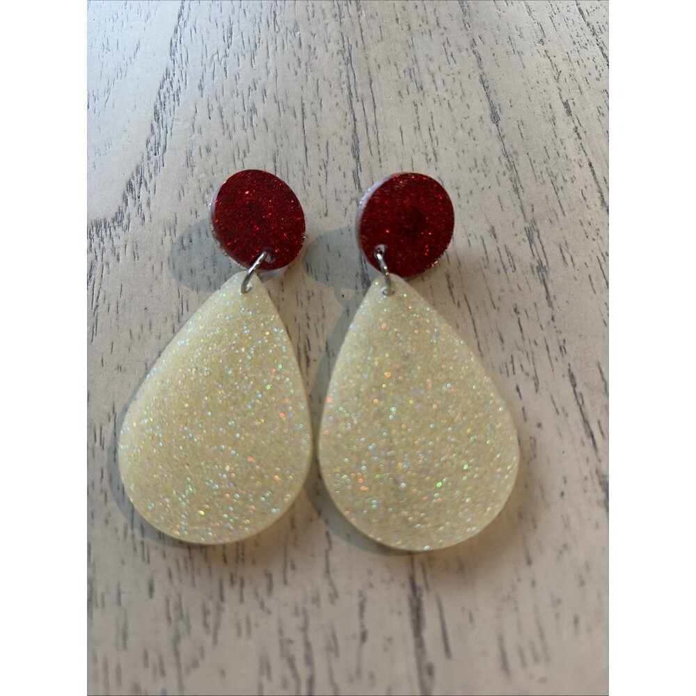 Teardrop Glitter Dangle Earrings Red White Handcrafted for Women